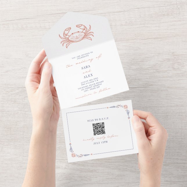 Crab Rustic Beach Wedding Red & Blue QR Code RSVP All In One Invitation (Tearaway)