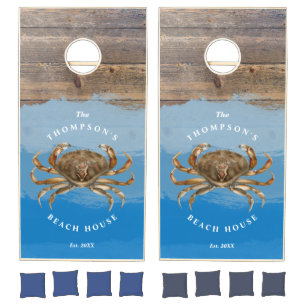 Crab Rustic Wood Blue Watercolor Beach House Cornhole Set