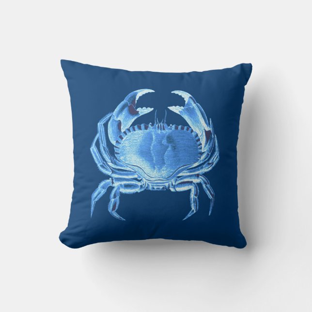 Crab Sea Life Print, Indigo Blue and White Throw Pillow (Front)