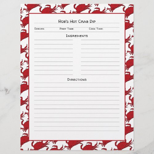 Crab Seafood Recipe Page Lined Custom Text