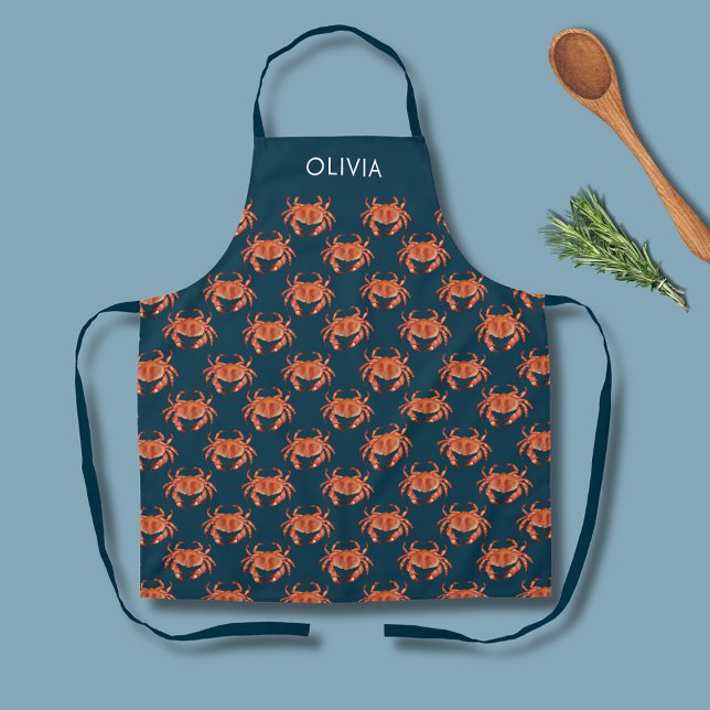 Crab Seaside Pattern Personalized Name Apron (Brown crab personalized kitchen apron.  Matching items available for kitchen and dining.)
