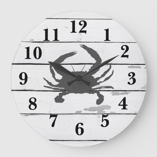 Crab Shiplap Beach Rustic Painting Large Clock (Front)