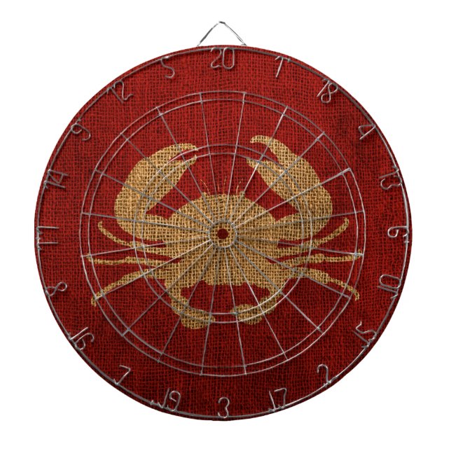 Crab Silhouette in Rustic Red Burlap Look Dartboard With Darts (Front)
