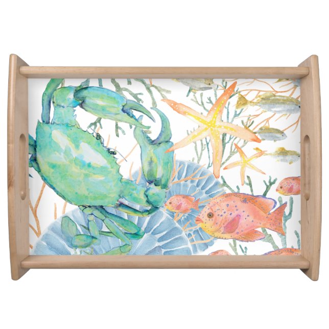 Crab Starfish Coral Seashells Fish  Serving Tray (Front)