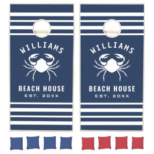 Crab Team Blue And White Personalized Family Name Cornhole Set