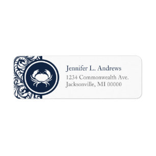 Crab Theme Navy Blue White Damask Beach Weddings Label