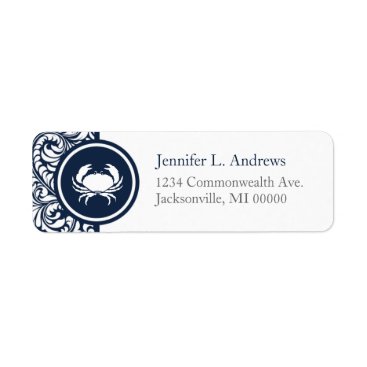 Crab Theme Navy Blue White Damask Beach Weddings Label Crab Theme Navy Blue White Damask Beach Weddings Label