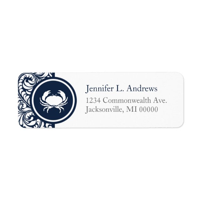 Crab Theme Navy Blue White Damask Beach Weddings Label (Front)