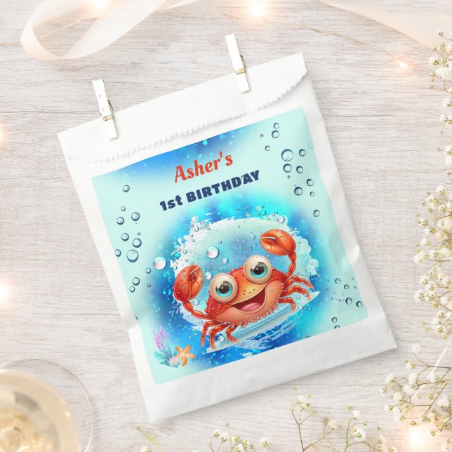 Crab Turquoise 1st Birthday Pool Party Custom Age Favor Bag (Clipped)