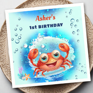 Crab Turquoise 1st Birthday Pool Party Custom Age Napkins