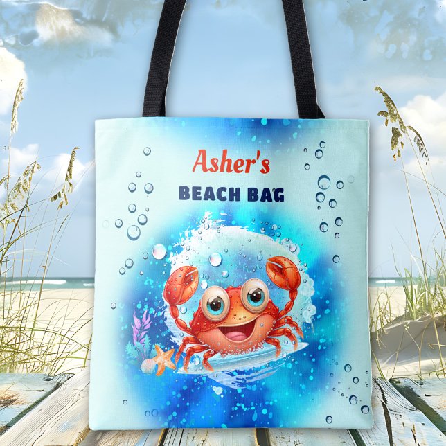 Crab Turquoise Blue Boy Pool Beach Custom Name Tote Bag (Crab Turquoise Blue Boy Pool Beach Custom Name Tote Bag)