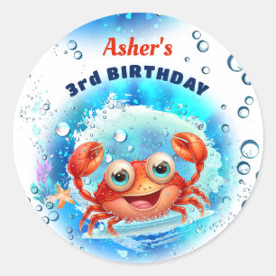 Crab White Blue Birthday Pool Party Boy Custom Age Classic Round Sticker