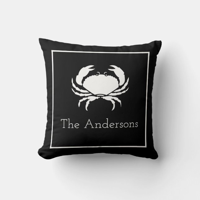 Crab White on Black Family Name Modern Throw Pillow (Front)