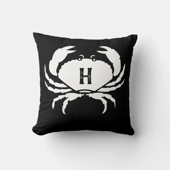 CRAB WHITE on BLACK initial Modern Solid Back Throw Pillow (Front)