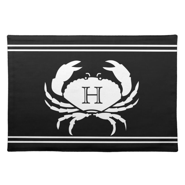 CRAB WHITE on BLACK Stylish Modern Stripes  Placem Cloth Placemat (Front)