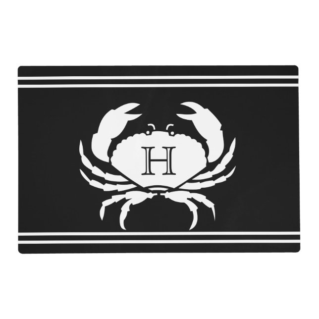 CRAB WHITE on BLACK Stylish Modern Stripes  Placemat (Front)
