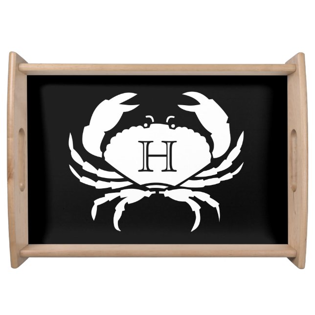 CRAB WHITE on BLACK Stylish Modern Stripes  Serving Tray (Front)