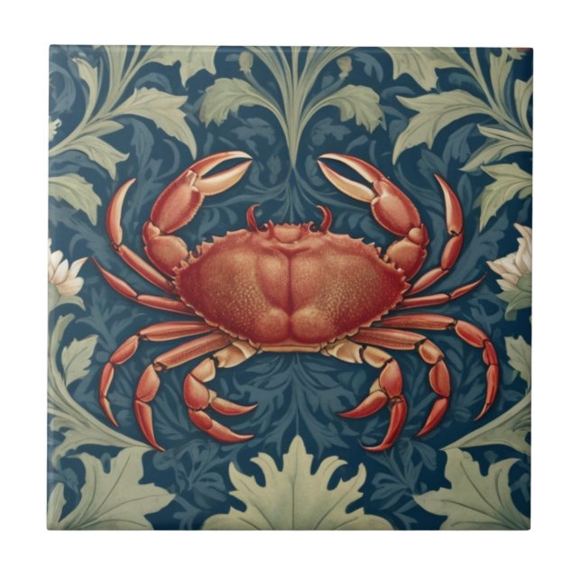 Crab William Morris style Nautical Sea Ocean Life Ceramic Tile (Front)