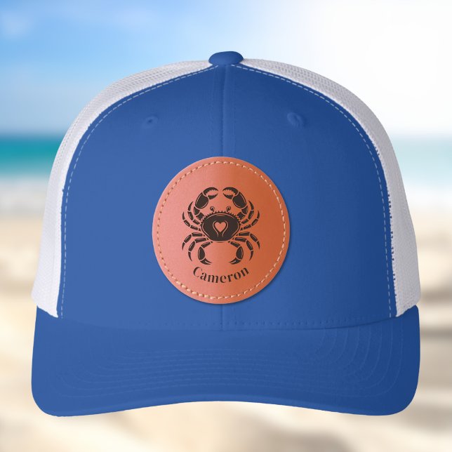 Crab with Heart Monogram Name Beach Leather Patch Hat (Creator Uploaded)