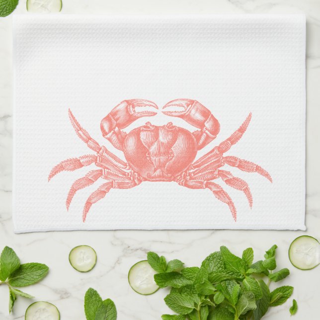 Crab Woodblock Print Artisan Style Coral Kitchen Towel (Folded)