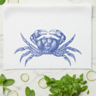 Crab Woodblock Print Artisan Style Nautical Blue Kitchen Towel