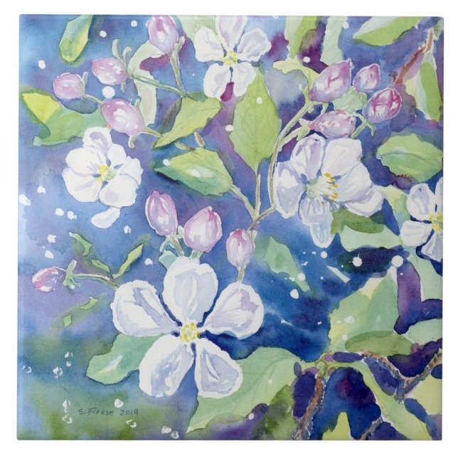 "Crabapple Blossoms" Decorative Accent Tile (Front)