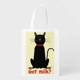 Crabby, grouchy black cat on reusable grocery tote
