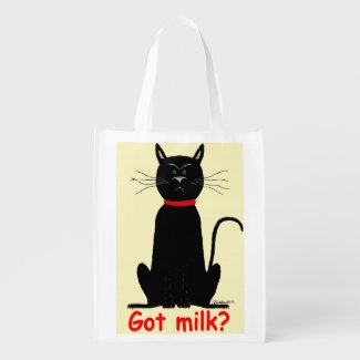 Crabby, grouchy black cat on reusable grocery tote market tote