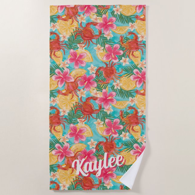 Crabs Lemons Hibiscus Hand-Drawn Tropical Pattern Beach Towel (Front)