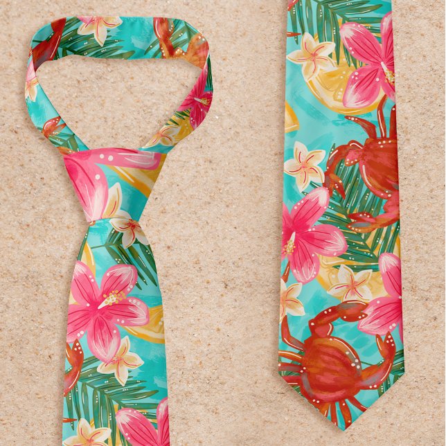 Crabs Lemons Hibiscus Hand-Drawn Tropical Pattern Neck Tie (Creator Uploaded)