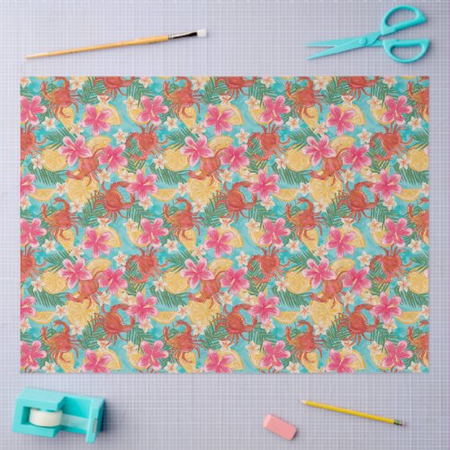 Crabs Lemons Hibiscus Hand-Drawn Tropical Pattern Tissue Paper
