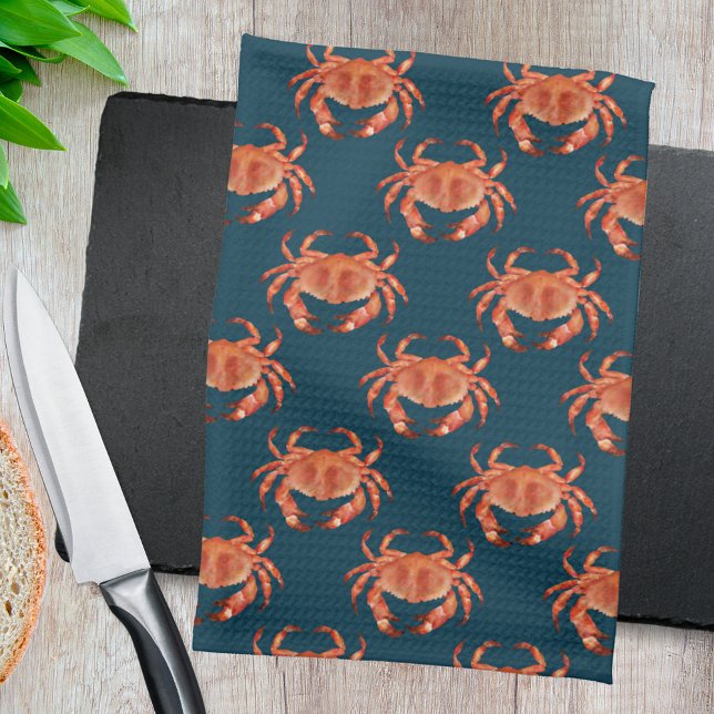 Crabs Seaside Pattern Kitchen Towel (Brown crab on navy crustacean kitchen towel)