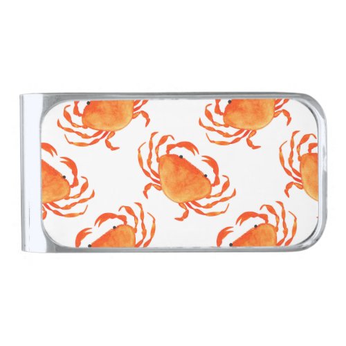 Crabs Watercolor White Background Pattern Silver Finish Money Clip