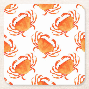 Crabs Watercolor: White Background Pattern Square Paper Coaster
