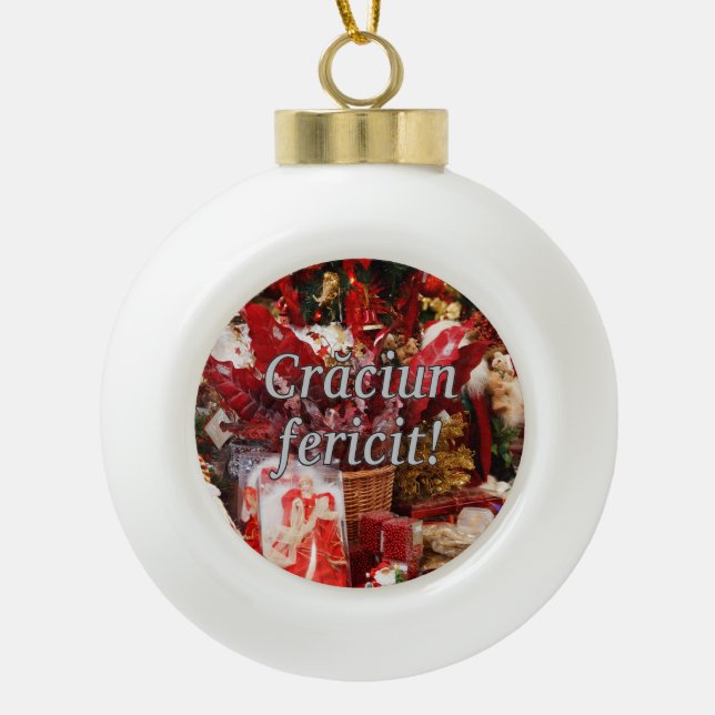 Crăciun fericit! Merry Christmas in Romanian wf Ceramic Ball Christmas Ornament (Front)