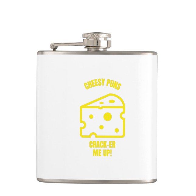 Crack cheesy puns funny cheese pun jokes flask (Front)