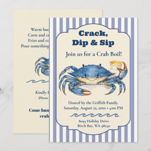 Crack Dip Sip Blue Crab Boil Party Invitation