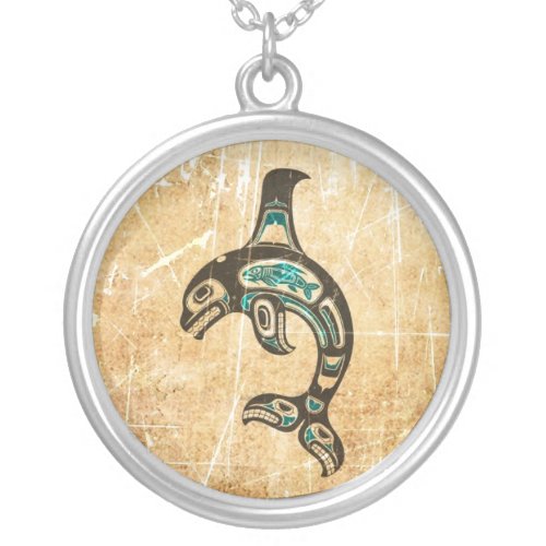 Cracked Blue and Black Haida Spirit Killer Whale Silver Plated Necklace