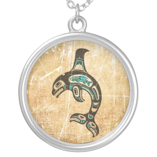 Cracked Blue and Black Haida Spirit Killer Whale Silver Plated Necklace (Front)