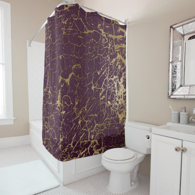 Cracked Burgundy Maroon Bordeaux Gold Luxury Plum Shower Curtain (In Situ)