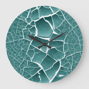 Cracked Dried Mud  - Teal Green Colored Large Clock
