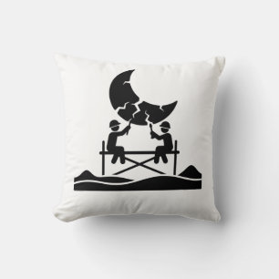 Cracked moon repair workers on scaffold fixing sky throw pillow