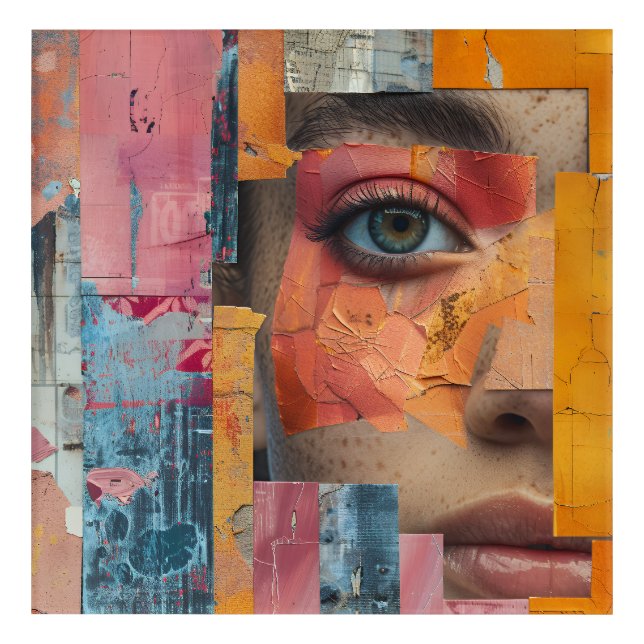 Cracked Paint Face Collage Vibrant Portrait Acrylic Print (Front)