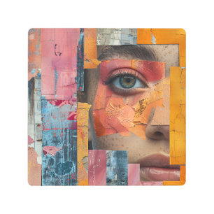 Cracked Paint Face Collage Vibrant Portrait Metal Print
