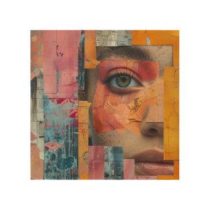 Cracked Paint Face Collage Vibrant Portrait Wood Wall Art