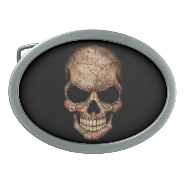 Cracked Skull Emerging From Darkness Oval Belt Buckle (Front)