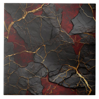 Cracked Stone Texture, Red Black & Gold Ceramic Tile