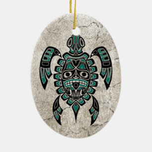 Cracked Teal Blue Haida Spirit Sea Turtle Ceramic Ornament