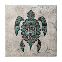 Cracked Teal Blue Haida Spirit Sea Turtle Tile