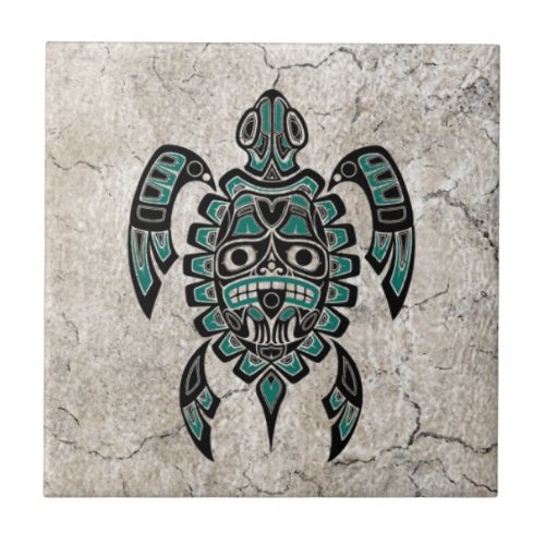 Cracked Teal Blue Haida Spirit Sea Turtle Tile